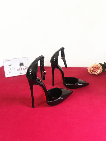 Customized 12cm Ultra High Heels Black Lacquer Classic Thin Heel Bottom Shallow Mouth Fun Women's High Heel Sandals