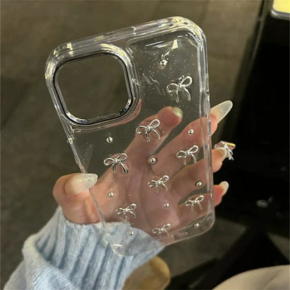 INS Korea Glitter 3D Silver Bow Beads Phone Case For iPhone 16 15 14 13 12 11 17 Pro Max 7 8 Plus X Epoxy Shell Girl Clear Cover