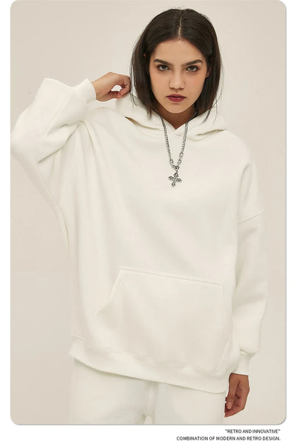 Thick 350gsm Fleece Hooded Hoodies For Men Unisex Winter Oversized Loose Basic Solid Sweatshirts Pullovers Coats HY0631