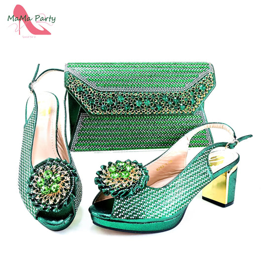 Italian Women Shoes Matching Bag Set in Green Color 7 CM Comfortable Heels with Plaform Elegant Peep Toe Sandals