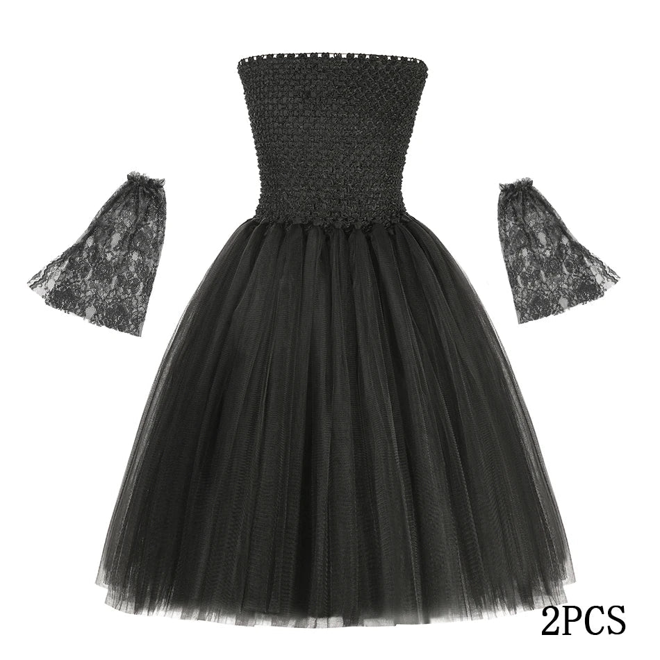 Halloween Maleficent Costume for Girls Evil Queen Dress Up Costumes Witch Devil Black Mesh Princess Dress Cosplay