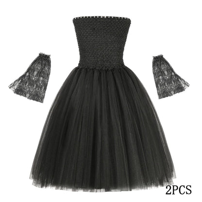 Halloween Maleficent Costume for Girls Evil Queen Dress Up Costumes Witch Devil Black Mesh Princess Dress Cosplay