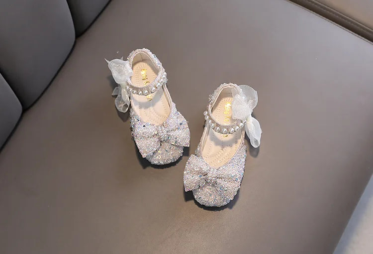 Toddler Girl's Princess Shoes Sequins Lace Bowknot 21-36 Children Mary Janes Three Colors Luxury Trendy Party Kids Shoes Flats