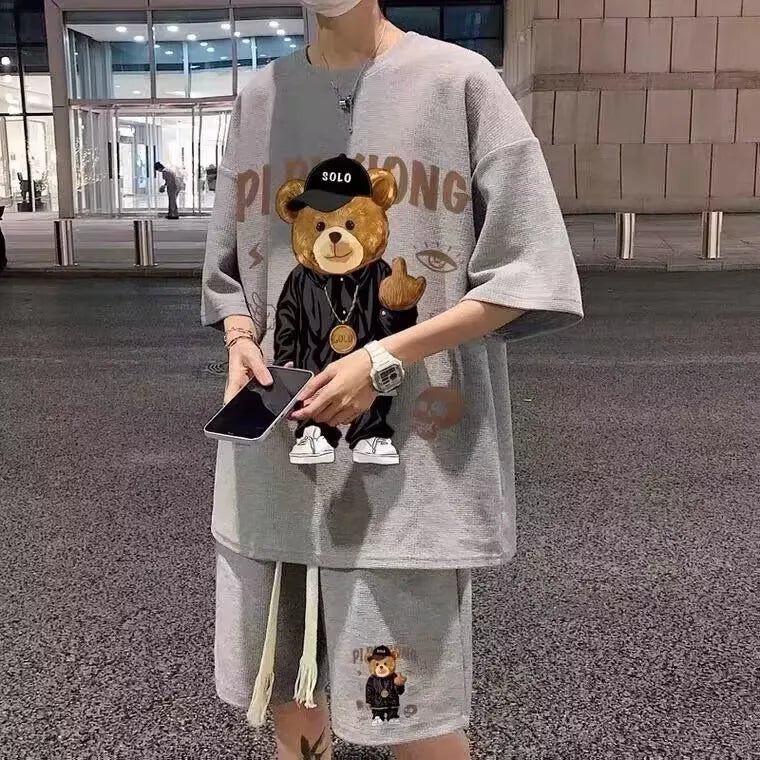 Little Bear Short sleeved Shorts Set M XXXL 5XL Men T Shirts Summer Cotton T-Shirts Breathable Loose Clothes Hip Hop Street Tees