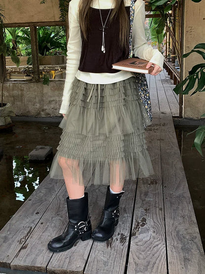 Korean Style Lace Elastic Waist Cake Skirt Mesh Puffy Skirt Women's Dress Knee Length Casual A-Line Skirt Micro Stretch No Slit