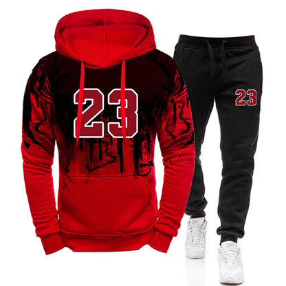 Mens Tracksuit Sports Printing Casual Hooded Sweatshirts+Pants 2 Piece Set Jogging Clothing Splash-ink Suit Hot Sales Menswear