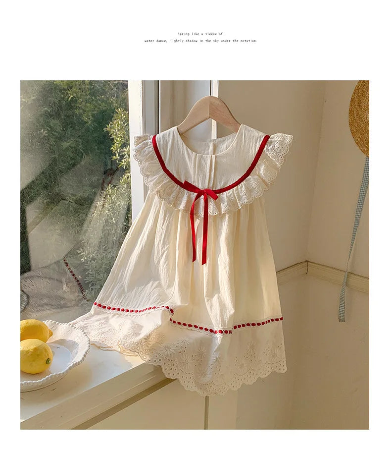 Kid Girl Exquisite Dress Ruffled Lace Collar Trimmed in Red Ribbon Red Dotted Lace Cut Out Embroidery on The Skirt for Children