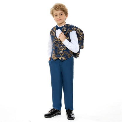 Luxury 4-Piece Set Suit Set for Boys 3-14 Years, Slim Fitting Jacket Vest Pants Bow-tie, Wedding Dresswear for Chidren In Stock