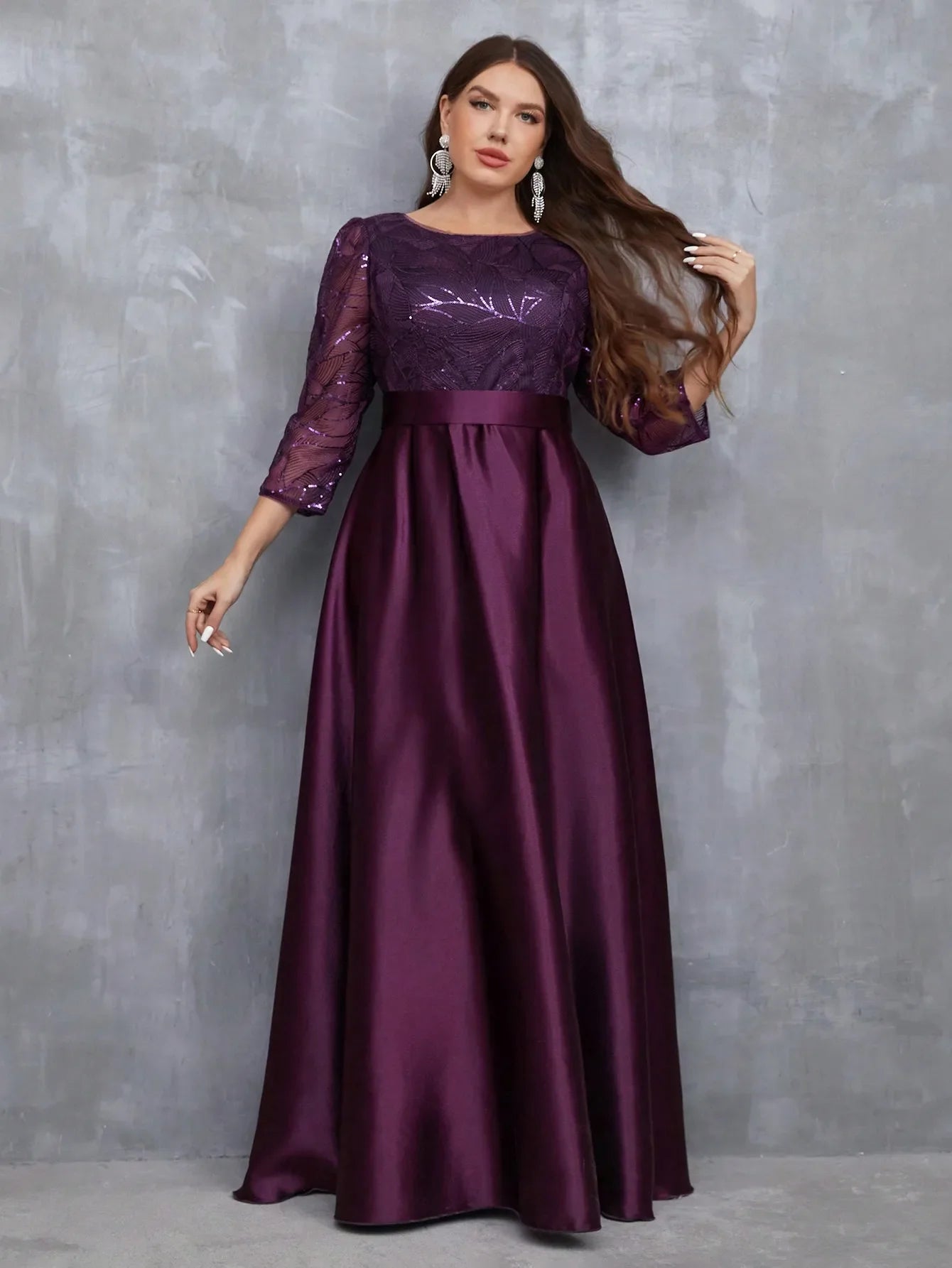 Neck long sleeve sequin patchwork satin long gown ball dress Party dress Bridesmaid dress