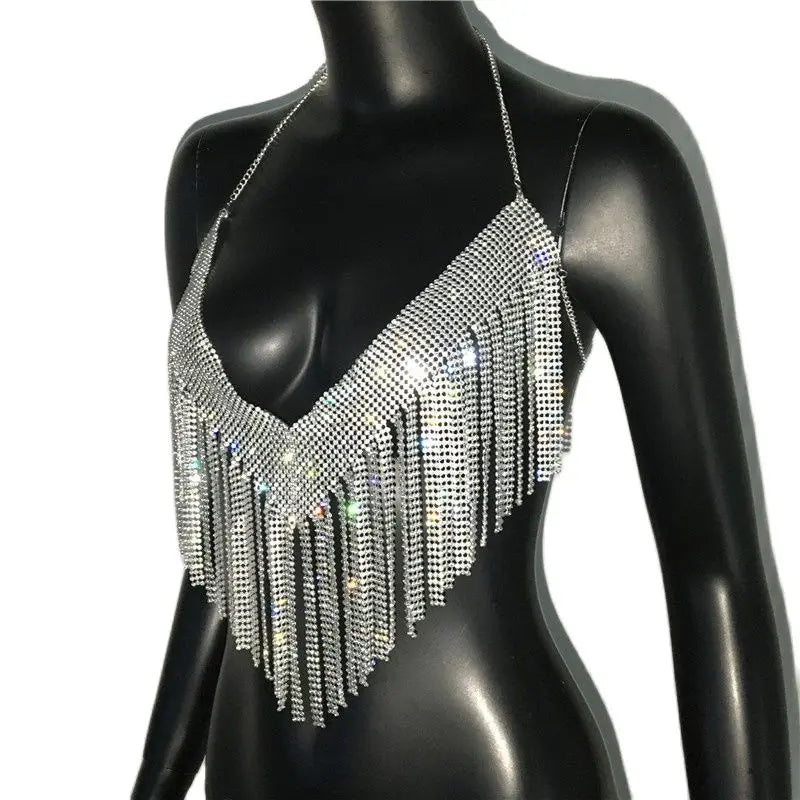 Bling Rhinestones Tassel Party Crop Top Woman Fashion Halter Neck Backless Design Full Diamond Sequins Nightclub Clubwear