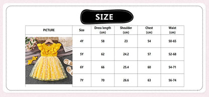 Girls 4-7 Yellow Summer Casual Dress, Front Ruffled Sleeve Design with Bow & Daisy Print Tulle Skirt, Daily Kids Outfit