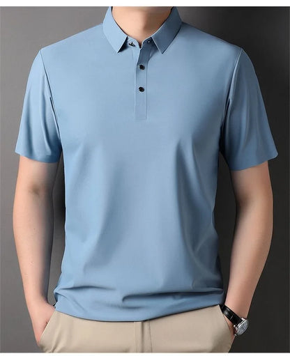 High quality wrinkle resistant ice silk short sleeve t-shirt men's summer Lapel loose casual solid color top high-end polo men