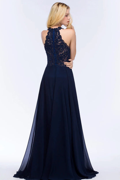 Vestido de Madrinha com Gola Halter Renda Pérolas Corpete Saia Longa até o Chão Chiffon Sexy Costas Abertas Roupa de Casamento