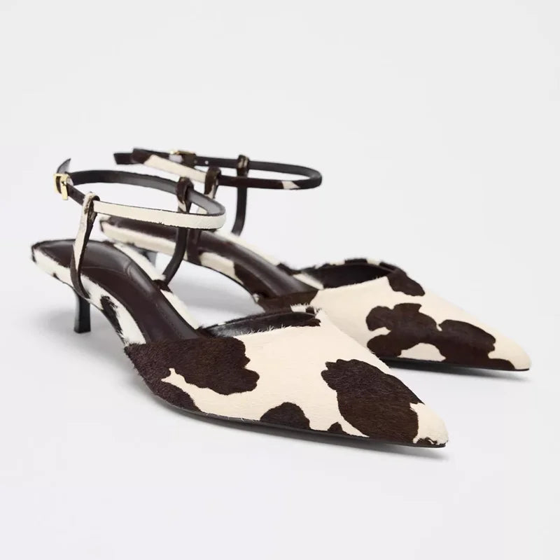 Summer Sandals Women Genuine Leather Women Mid heels Horse Leather Leopard Print Large Size Pointed Toe Women Sandals