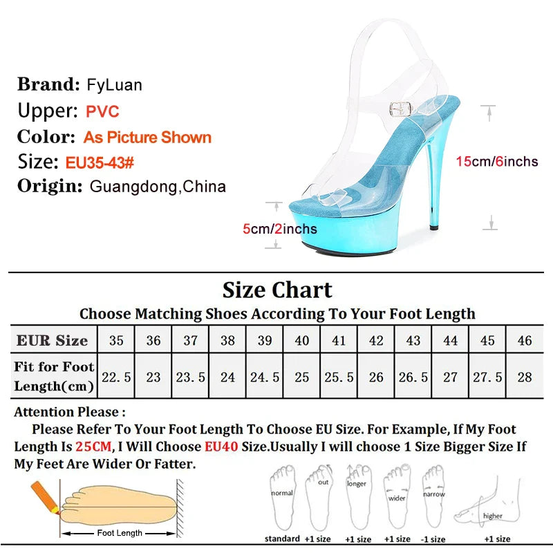 Crystal Transparent PVC Comfort Platform Blue Sandals Women 15CM Thin High Heels Model Catwalk Show Summer Electroplating Shoes