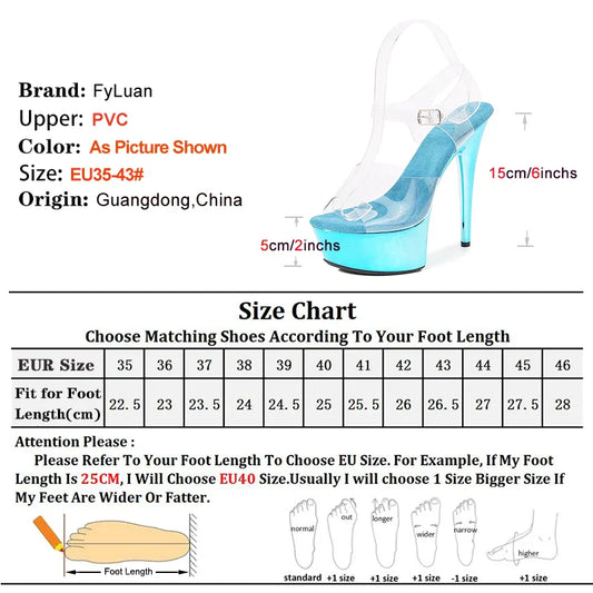 Crystal Transparent PVC Comfort Platform Blue Sandals Women 15CM Thin High Heels Model Catwalk Show Summer Electroplating Shoes