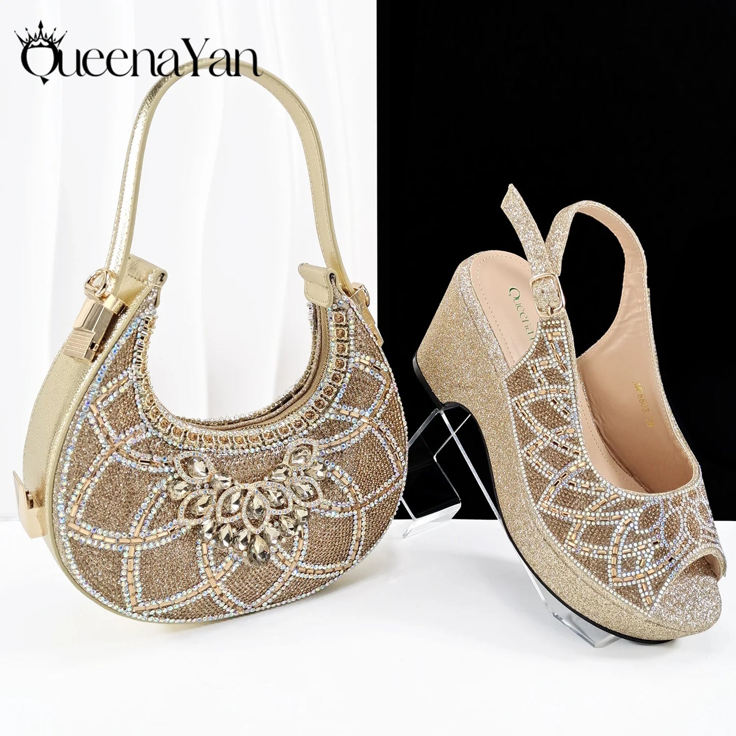 Sky Blue Elegant Nigerian Rhinestone Wedding Shoe and Bag Set Italian Inspired High Heels and Matching Handbag