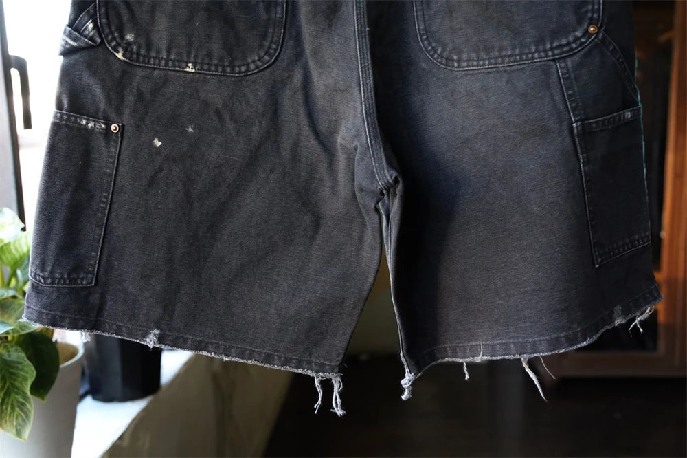 Black Nice Washed Damaged Saint DOUBLE KNEE Zipper Denim Shorts Men Women Oversized Shorts