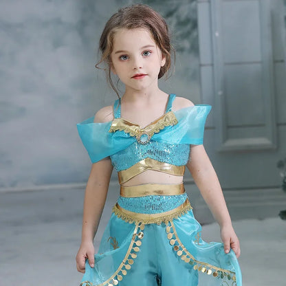 Jasmine Princess Dress for Girls Cosplay Aladdin Magic Lamp Costume Kids Halloween Birthday Carnival Party Vestidos