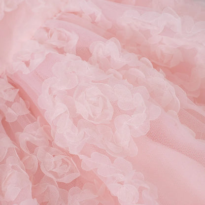 New Summer Teenager Girl Dress Solid Color Short Puff Sleeves Square Collar 3D Flower Sequined Baby Princess Dresses 2025