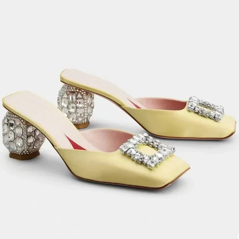 Summer Rhinestone Pumps Women Square Toe Mules Female Crystal High Heels Women Shoes Femmes Chaussures sandalias de las mujeres