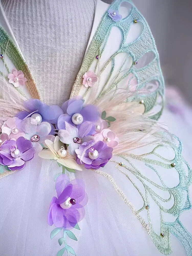Vestido de princesa infantil borboleta com asas de malha fofa para meninas de 2 a 6 anos, vestido elegante para festa de aniversário com flores