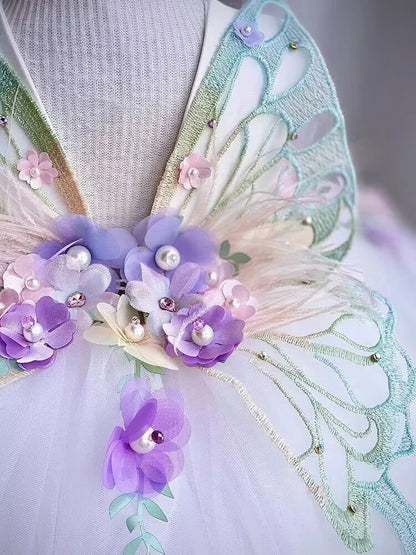 Vestido de princesa infantil borboleta com asas de malha fofa para meninas de 2 a 6 anos, vestido elegante para festa de aniversário com flores