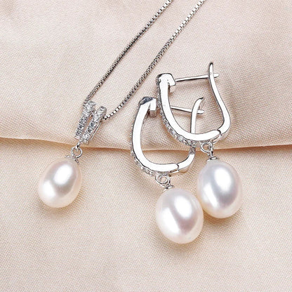 Horseshoe 8-9mm Rice Freshwater Pearl Earrings&Necklaces Jewelry Set for Women 925 Sterling Silver 45cm Pendant Necklace