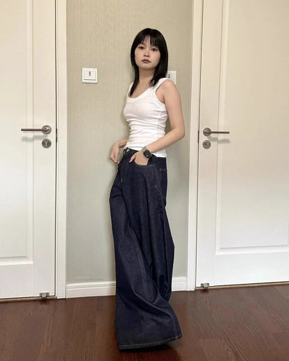 Casual Dark Blue Wide Leg Denim Jeans