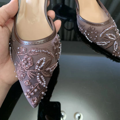 Summer Pointed Toe Mesh Embroider High Heels for ladies Elegant String Bead pumps Sexy Luxury Designer Shoe Brown Heeled Sandals