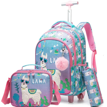 Children's Wheeled Backpack Bag Set with Lunch Box School Rolling Backpack Bag with Wheels School Trolley Backpack Bag for Girls
