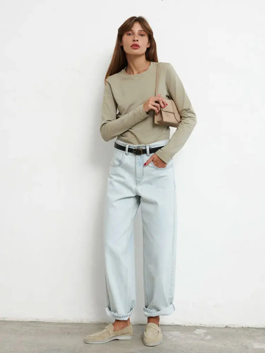 Women's Spring Autumn 100% Cotton T-shirt Bottoming Basic Solid Lady Long Sleeve Loose Tops Shirts Oversized T Shirt