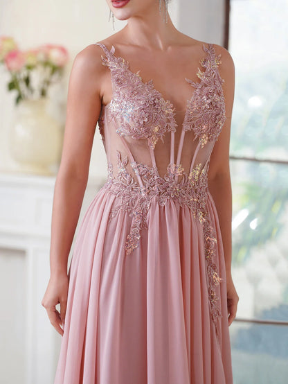 Dusty Pink Sheer Evening Dresses Lace Applique Spaghetti Straps V-Neck Backless Prom Dress Chiffon A-Line 2025 Formal Party Gown