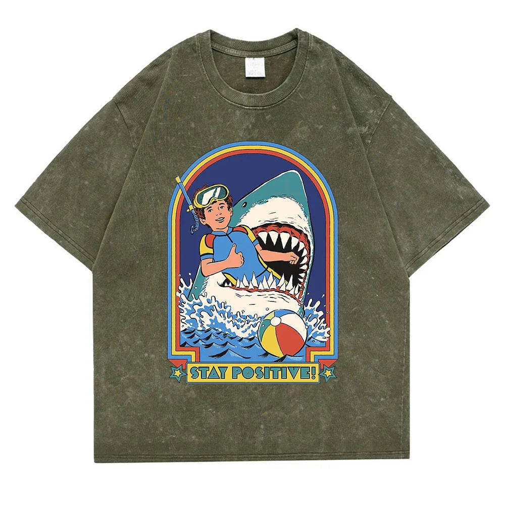 Stay Positive Printing Washed Retro Snow Mens T-Shirt Cotton Loose Tees Cotton Oversize Streetwear Breathable Tshirt Couple