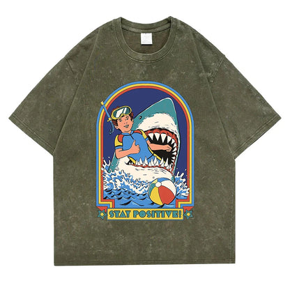 Stay Positive Printing Washed Retro Snow Mens T-Shirt Cotton Loose Tees Cotton Oversize Streetwear Breathable Tshirt Couple
