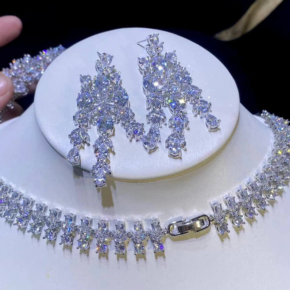 Luxury Floral Design Wedding Dubai Bridal Jewelry 2 PCS Set Shiny Cubic Zirconia CZ Necklace Pendant Earrings X0202