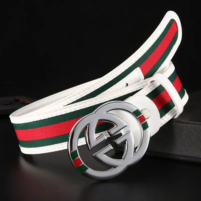 2026 New Unisex Red Green Stripe Belt 3.8cm - Durable Canvas Designer Waistband with Metal Logo, Trendy & Wear- Resistan