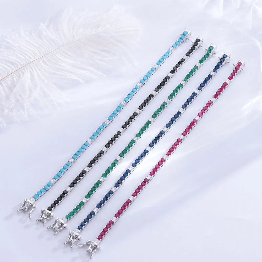 Fine Jewelry 3mm Montana Blue/Emerald Green/Ruby Red/Turquoise/Black Cubic zircon 925 Silver Tennis Bracelet