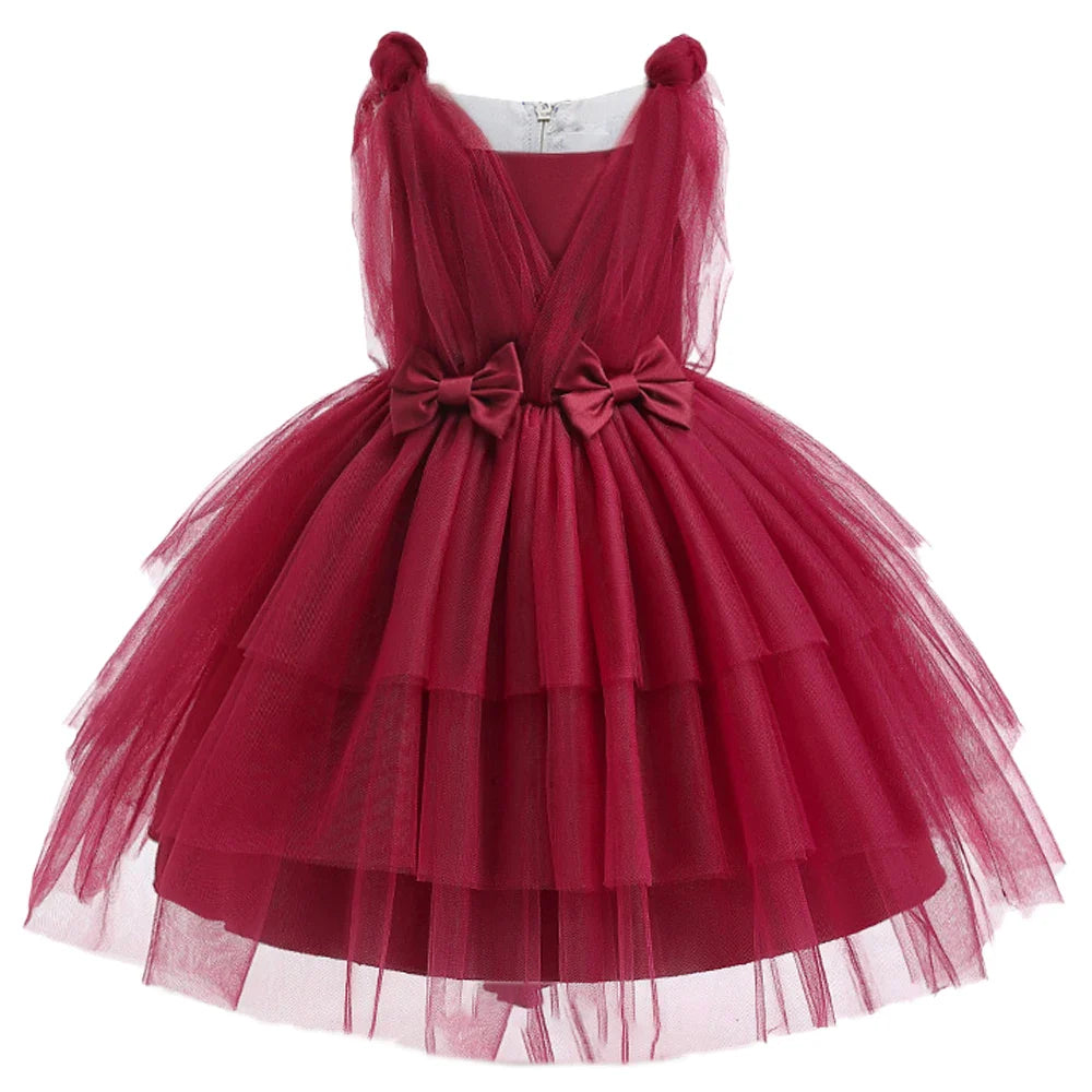 Summer Bow Bridemaid Party Girls Dresses Elegant Tulle Birthday Wedding Princess Dress for Girl New Years Prom Christmas Costume