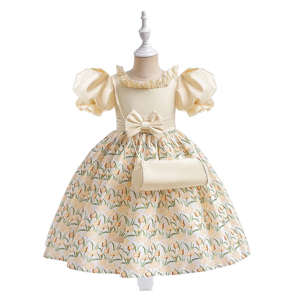 Summer Girls Dress With Bag Elegant Kid Floral Print Princess Party Dresses For Girl Children Costume Birthday Wedding Prom Gown