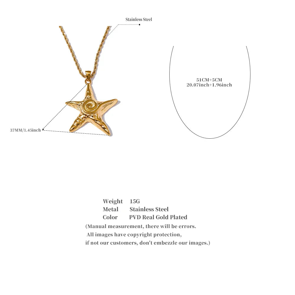 316L Stainless Steel Starfish Pendant Necklace Rust Proof Statement 18K Gold PVD Plated Individualistic Holiday Jewelry