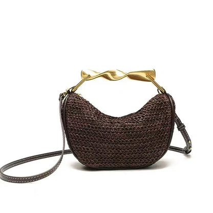 Metal Handle Straw Bags for Women Half Moon Rattan Woven Chain Shoulder Bag Bohemian Travel Beach Bag Designer Crossbody Handbag