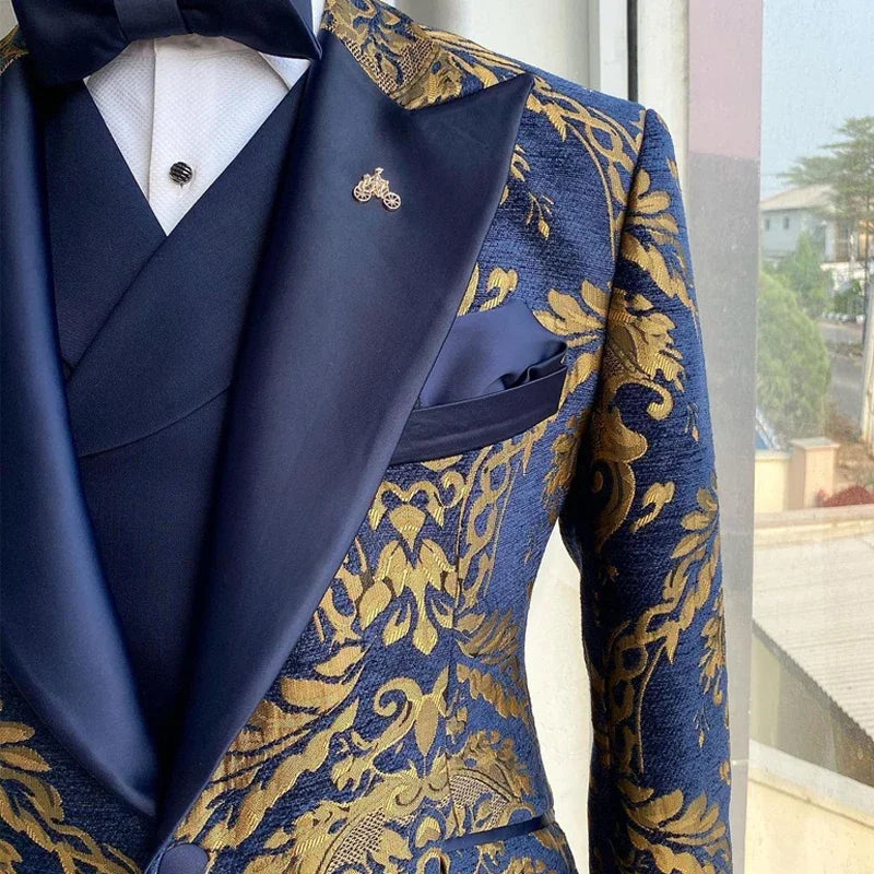 Tuxedo Suits for Men Wedding Slim Fit Navy Blue and Gold Gentleman Male Costume Suit Set