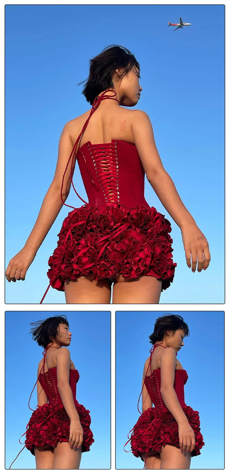 Christmas Dress Strapless Backless Red Structured Floral Embellished Mini Length Bodycon Celebrity Party Cocktail Dress