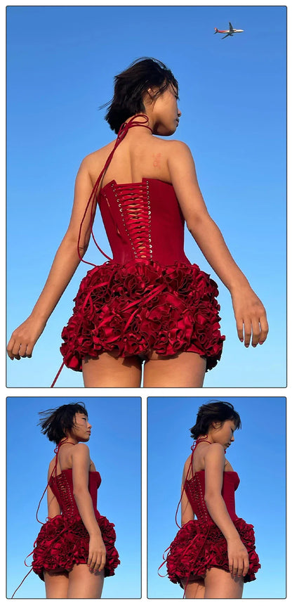 Christmas Dress Strapless Backless Red Structured Floral Embellished Mini Length Bodycon Celebrity Party Cocktail Dress