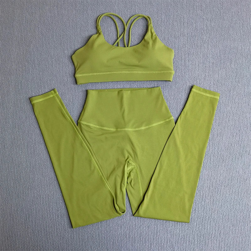 2 Pcs Women's Gym Tights Yoga Sports Set High Waist Leggings Cross Back Bra Top Fitness Running Workout Tracksuit