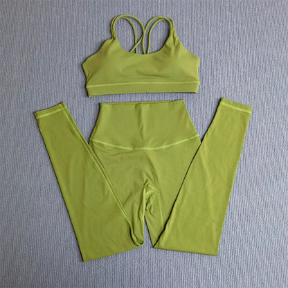 2 Pcs Women's Gym Tights Yoga Sports Set High Waist Leggings Cross Back Bra Top Fitness Running Workout Tracksuit