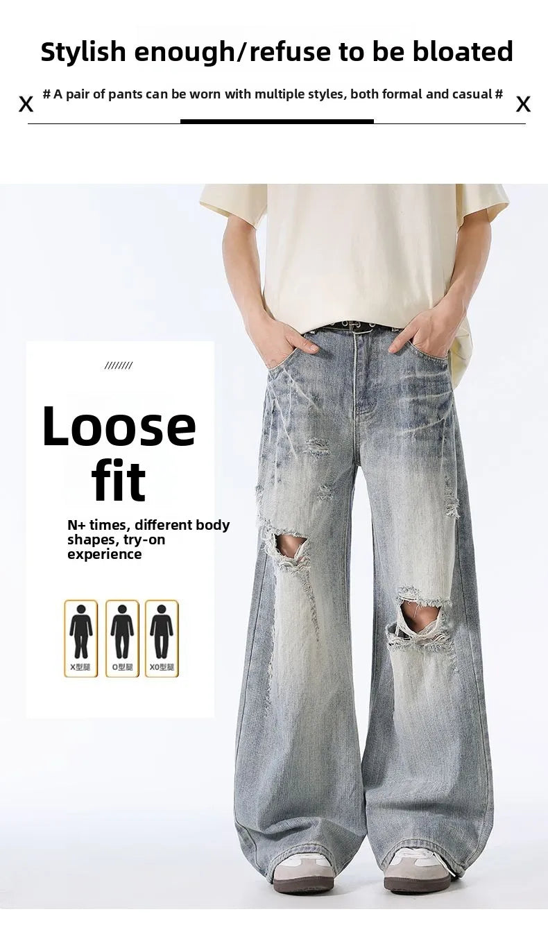 Male Ripped Pants Stretch Solid Blue Casual Men's Wide Leg Trousers Office Work Denim Pants Autumn Korean Vintage Straight Pants