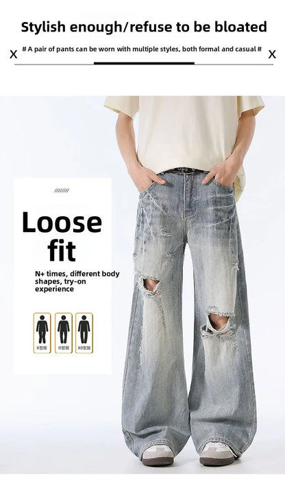 Male Ripped Pants Stretch Solid Blue Casual Men's Wide Leg Trousers Office Work Denim Pants Autumn Korean Vintage Straight Pants