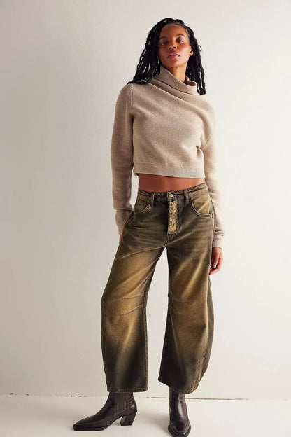 Women Loose Mid Waist Jeans Denim Full Length Pants Sexy Fashion Solid Color Trousers Denim Pockets Bleached